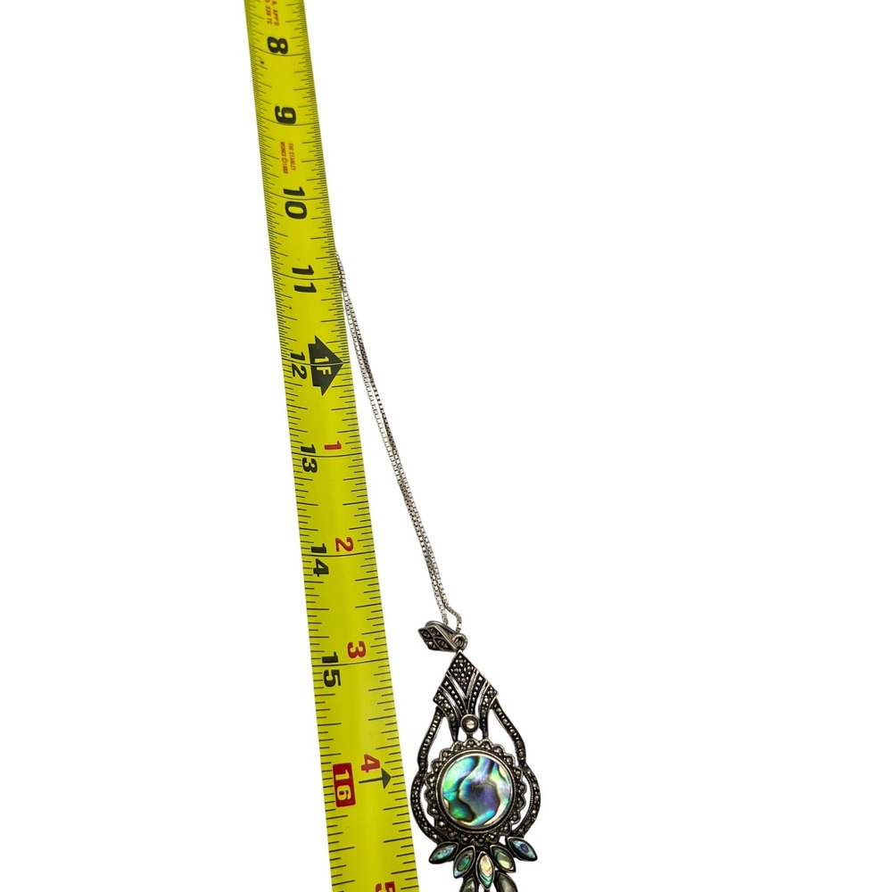 Sterling Silver Abalone Marcasite Pendant Brooch Necklace 30 Inch Box Chain 925 - Picture 8 of 9